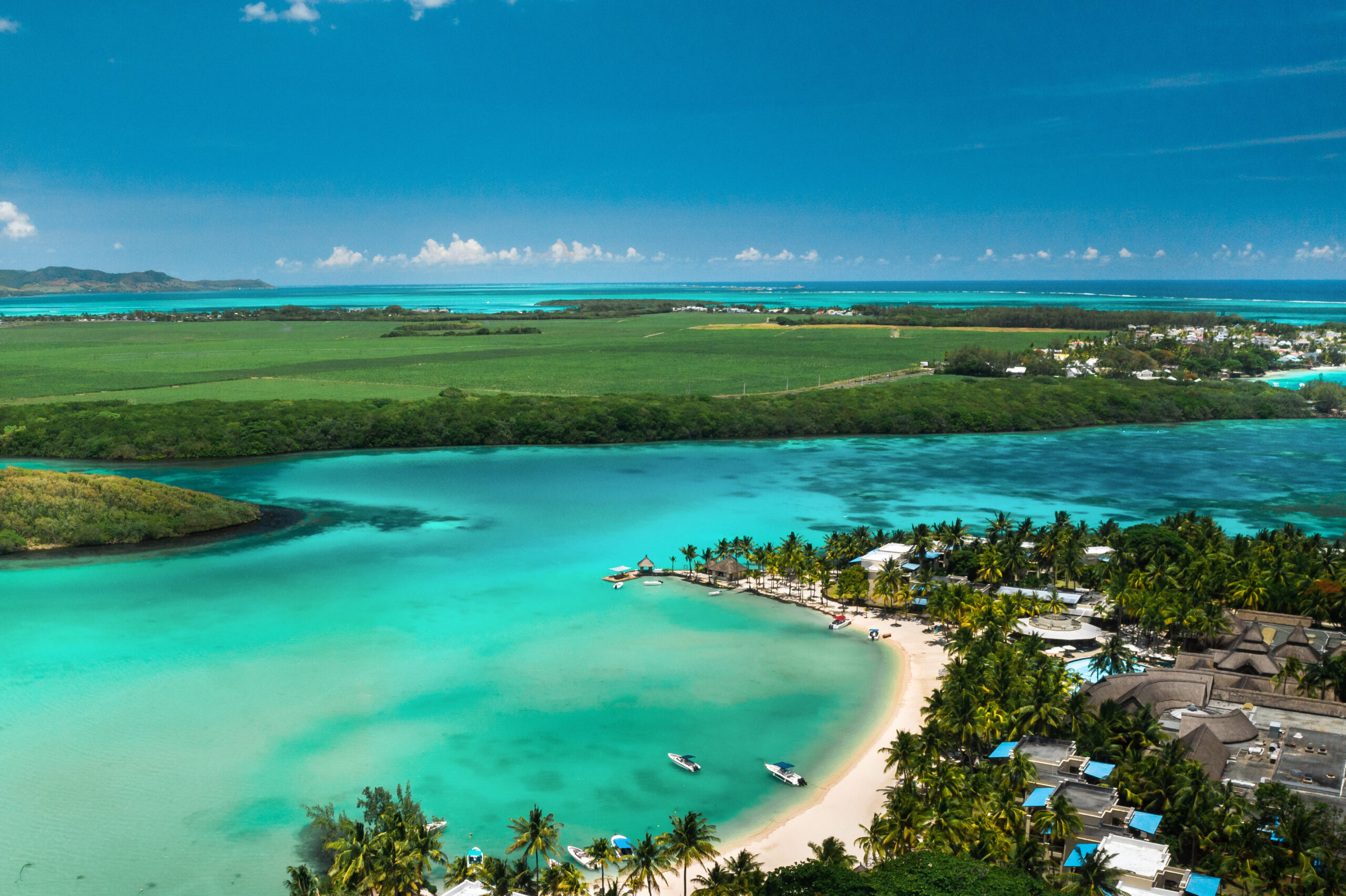 View from the height of the east coast of the island of Mauritius in the Indian Ocean. Beautiful lagoon of the island of Mauritius,